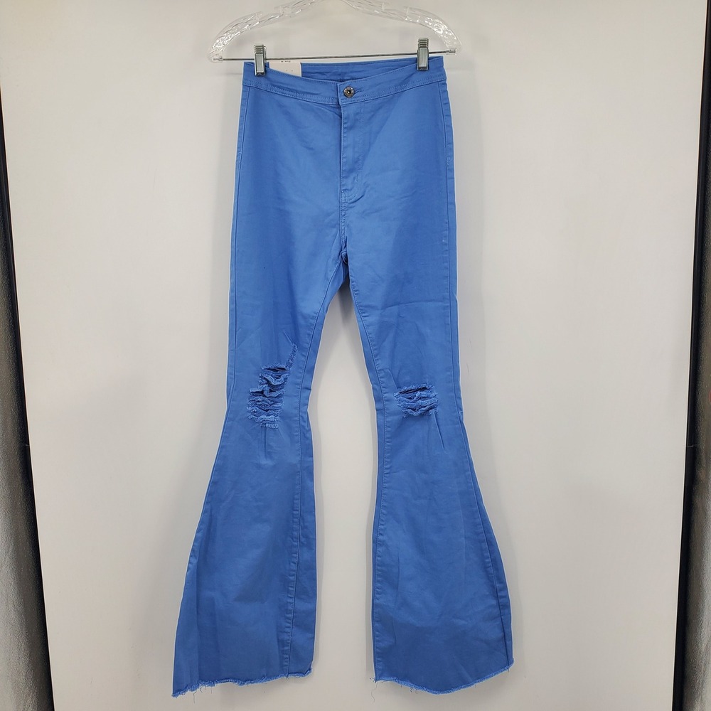 NWT Lover Brand Fashion Sky Blue High Rise Flare Distressed Bell Bottom Jeans M
